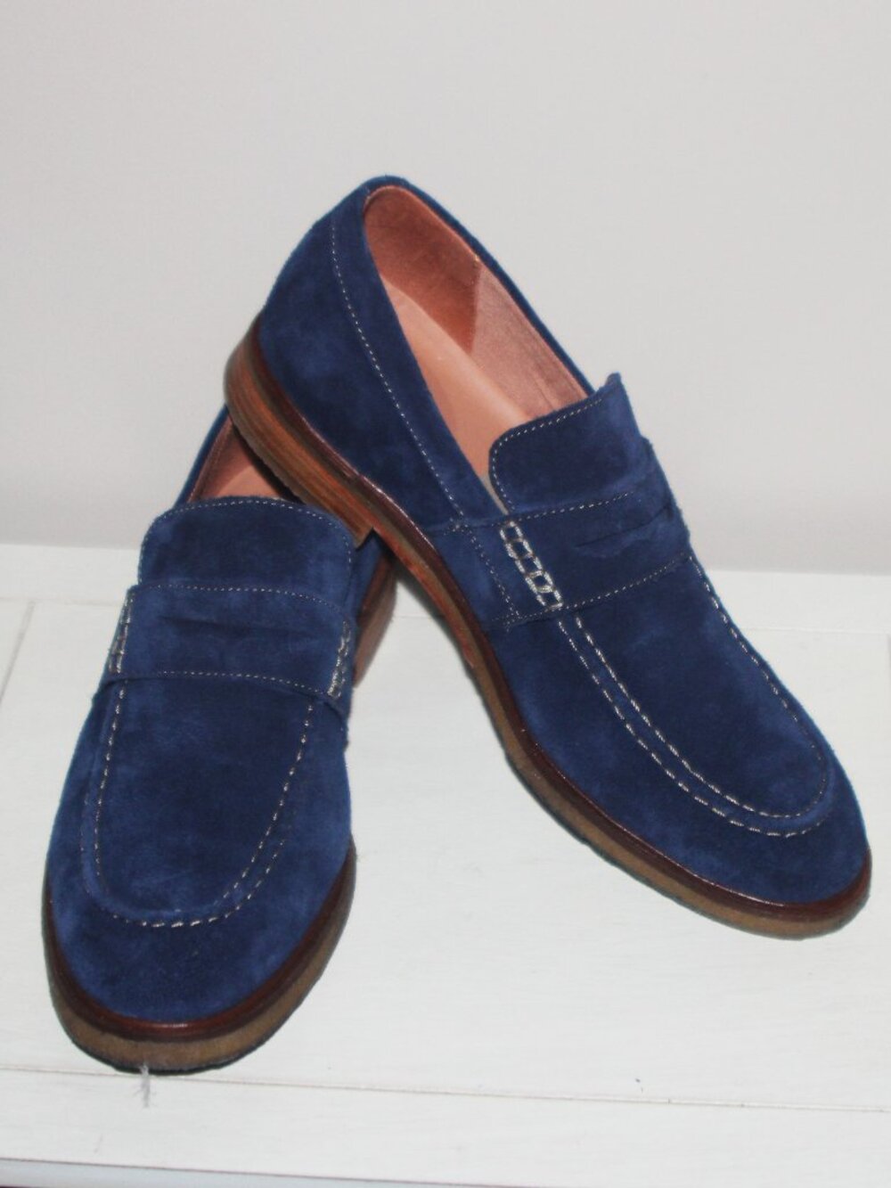 10a   Clarks 10.5 M Blue Suede Penny Loafers Dress Shoes Slip